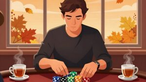 Игрок за столом планирует стратегию игры в покерных турнирах осенью за чашкой чая