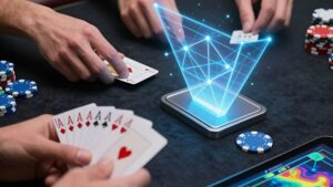 Руки игрока с картами и голографическими схемами для стратегии обучения покеру новичков 2026 году